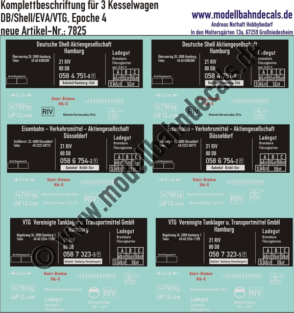 "Nass-Schiebebilder: 3 Güterwagen-Komplettbeschriftungen für Kesselwagen, DB/Shell/EVA/VTG, Epoche 4. Artikel-Nummer: 7825"