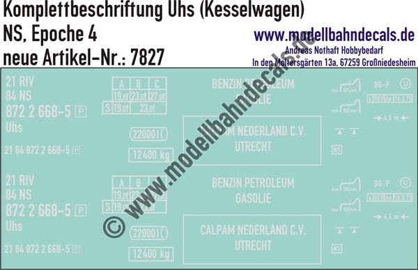 "Nass-Schiebebilder: Güterwagen-Komplettbeschriftung Uhs (Kesselwagen), NS, Epoche 4. Artikel-Nummer: 7827"