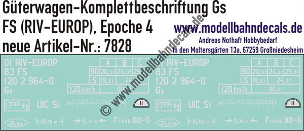 "Nass-Schiebebilder: Güterwagen-Komplettbeschriftung Gs, FS (RIV-EUROP), Epoche 4. Artikel-Nummer: 7828"