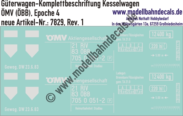 "Nass-Schiebebilder: Güterwagen-Komplettbeschriftung Kesselwagen, ÖMV (ÖBB), Epoche 4. Artikel-Nummer: 7829"