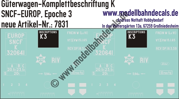 "Nass-Schiebebilder: Güterwagen-Komplettbeschriftung K, SNCF-EUROP, Epoche 3. Artikel-Nummer: 7831"