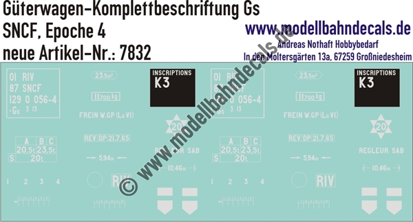 "Nass-Schiebebilder: Güterwagen-Komplettbeschriftung Gs, SNCF, Epoche 4. Artikel-Nummer: 7832"