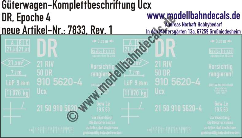 "Nass-Schiebebilder: Güterwagen-Komplettbeschriftung Ucx, DR, Epoche 4. Artikel-Nummer: 7833"