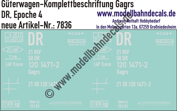 "Nass-Schiebebilder: Güterwagen-Komplettbeschriftung Gagrs, DR, Epoche 4. Artikel-Nummer: 7836"