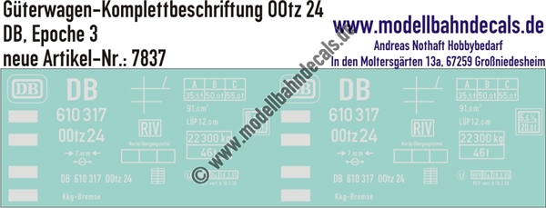 "Nass-Schiebebilder: Güterwagen-Komplettbeschriftung OOtz 24, DB, Epoche 3. Artikel-Nummer: 7837"
