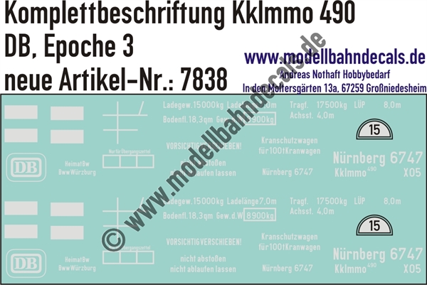 "Nass-Schiebebilder: Güterwagen-Komplettbeschriftung Kklmmo 490 (eh. X 05), DB, Epoche 4. Artikel-Nummer: 7838"