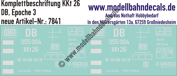 "Nass-Schiebebilder: Güterwagen-Komplettbeschriftung KKt 26, DB, Epoche 3. Artikel-Nummer: 7841"