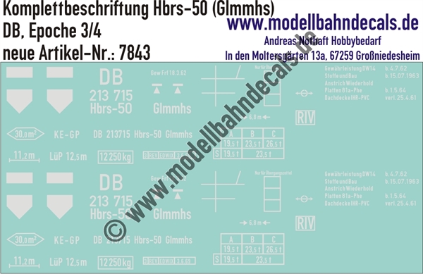 "Nass-Schiebebilder: Güterwagen-Komplettbeschriftung Hbrs-50 (Glmmhs), DB, Epoche 3-4. Artikel-Nummer: 7843"
