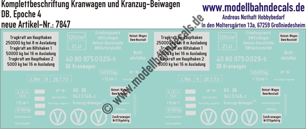 "Nass-Schiebebilder: Komplettbeschriftung Kranwagen und Kranzug-Beiwagen, DB, Epoche 4. Artikel-Nummer: 7847"