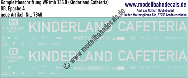 "Nass-Schiebebilder: Personenwagen-Komplettbeschriftung WRtmh 136.0 (Kinderland Cafeteria), DB, Epoche 4. Artikel-Nummer: 7848"