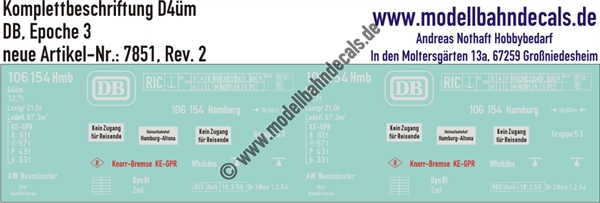 "Nass-Schiebebilder: Personenwagen-Komplettbeschriftung D4üm, DB, Epoche 3. Artikel-Nummer: 7851"