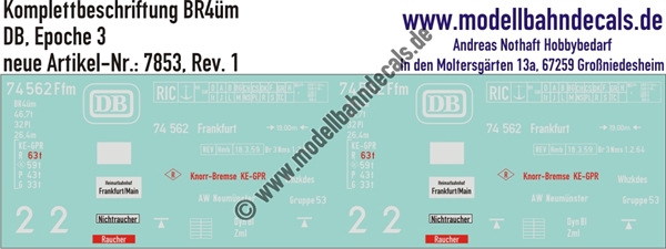 "Nass-Schiebebilder: Personenwagen-Komplettbeschriftung BR4üm, DB, Epoche 3. Artikel-Nummer: 7853"