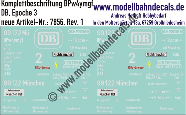"Nass-Schiebebilder: Personenwagen-Komplettbeschriftung BPw4ymgf, DB, Epoche 3. Artikel-Nummer: 7856"