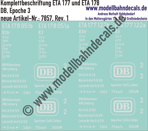 "Nass-Schiebebilder: Triebwagen-Komplettbeschriftung ET 177 und ETA 178, DB, Epoche 3. Artikel-Nummer: 7857"