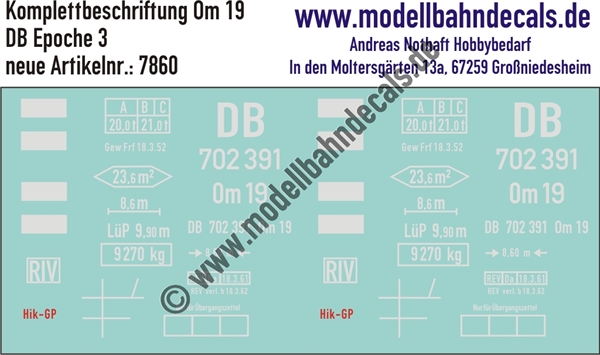 "Nass-Schiebebilder: Güterwagen-Komplettbeschriftung Om 19, DB, Epoche 3. Artikel-Nummer: 7860"