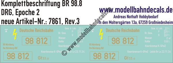 "Nass-Schiebebilder: Lok-Komplettbeschriftung BR 98.8, DRG, Epoche 2. Artikel-Nummer: 7861"