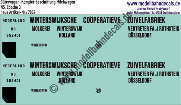 "Nass-Schiebebilder: Güterwagen-Komplettbeschriftung Milchwagen, NS, Epoche 3. Artikel-Nummer: 7862"