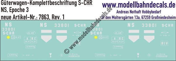 "Nass-Schiebebilder: Güterwagen-Komplettbeschriftung S-CHR, NS, Epoche 3. Artikel-Nummer: 7863"