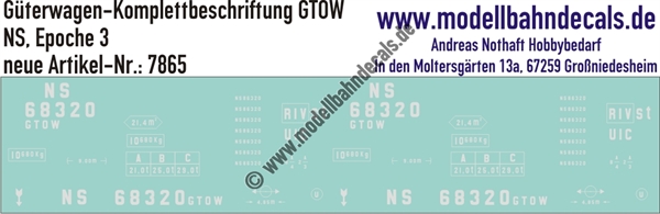 "Nass-Schiebebilder: Güterwagen-Komplettbeschriftung GTOW, NS, Epoche 3. Artikel-Nummer: 7865"