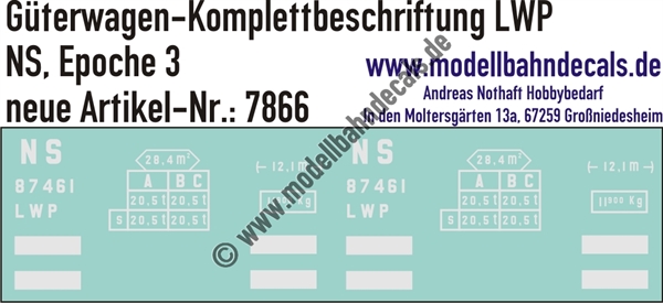 "Nass-Schiebebilder: Güterwagen-Komplettbeschriftung LWP, NS, Epoche 3. Artikel-Nummer: 7866"