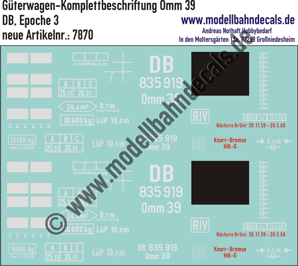 "Nass-Schiebebilder: Güterwagen-Komplettbeschriftung Omm 39, DB, Epoche 3. Artikel-Nummer: 7870"