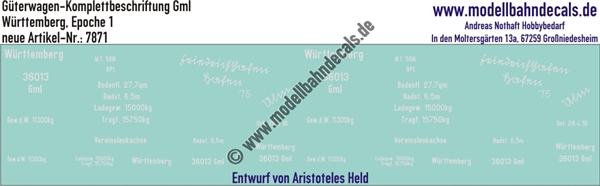 "Nass-Schiebebilder: Güterwagen-Komplettbeschriftung Gml, Württemberg, Epoche 1. Artikel-Nummer: 7871"