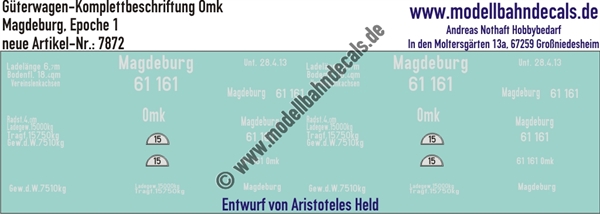"Nass-Schiebebilder: Güterwagen-Komplettbeschriftung Omk, Magdeburg, Epoche 1. Artikel-Nummer: 7872"