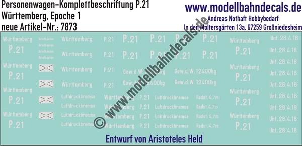 "Nass-Schiebebilder: Personenwagen-Komplettbeschriftung P.21, Württemberg, Epoche 1. Artikel-Nummer: 7873"
