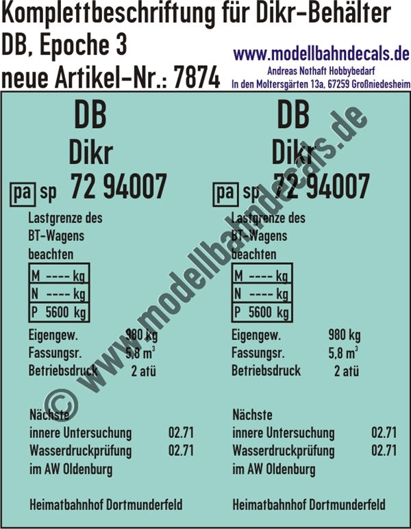 "Nass-Schiebebilder: Komplettbeschriftung für pa-Behälter Dikr, DB, Epoche 3. Artikel-Nummer: 7874"