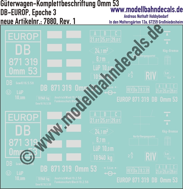 "Nass-Schiebebilder: Güterwagen-Komplettbeschriftung Omm 53, DB-EUROP, Epoche 3. Artikel-Nummer: 7880"