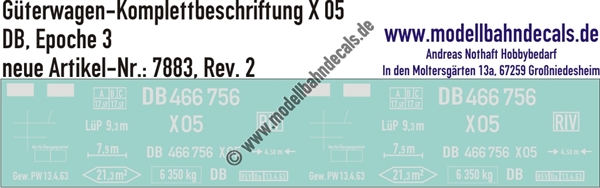"Nass-Schiebebilder: Güterwagen-Komplettbeschriftung X 05, DB, Epoche 3. Artikel-Nummer: 7883"