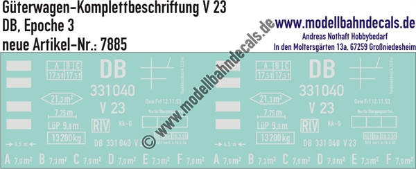 "Nass-Schiebebilder: Güterwagen-Komplettbeschriftung V 23, DB, Epoche 3. Artikel-Nummer: 7885"