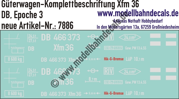 "Nass-Schiebebilder: Güterwagen-Komplettbeschriftung Xfm 36, DB, Epoche 3. Artikel-Nummer: 7886"