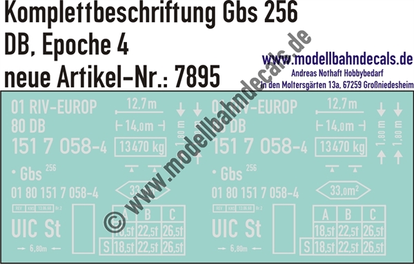 "Nass-Schiebebilder: Güterwagen-Komplettbeschriftung Gbs 256, DB, Epoche 4. Artikel-Nummer: 7895"