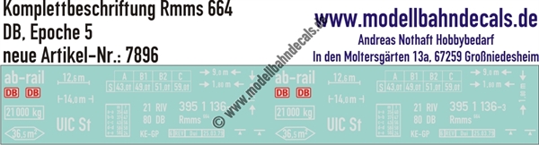 "Nass-Schiebebilder: Güterwagen-Komplettbeschriftung Rmms 664, DB, Epoche 5. Artikel-Nummer: 7896"