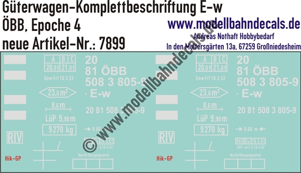 "Nass-Schiebebilder: Güterwagen-Komplettbeschriftung E-w, ÖBB, Epoche 4. Artikel-Nummer: 7899"