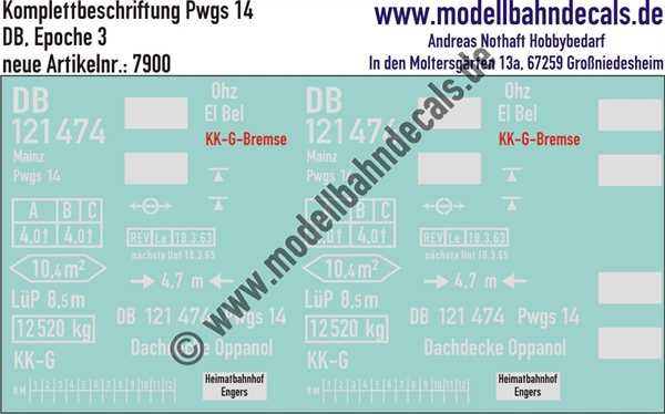 "Nass-Schiebebilder: Güterwagen-Komplettbeschriftung Pwgs 14, DB, Epoche 3. Artikel-Nummer: 7900"