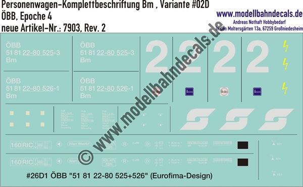 Nass-Schiebebilder: Komplettbeschriftungssatz für zwei UIC-X Vorläuferwagen der ÖBB 2. Klasse zweite Bauserie. Artikel-Nummer: 7903