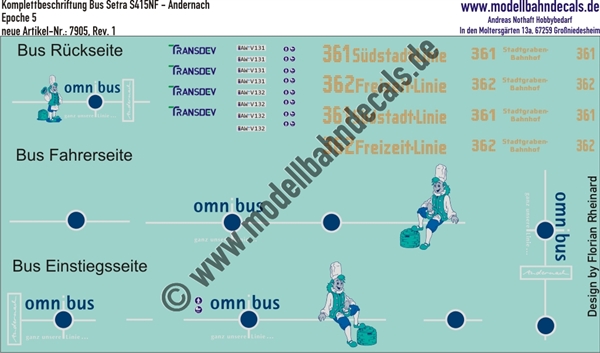 "Nass-Schiebebilder: Komplettbeschriftung Bus Setra S415NF - Andernach, Epoche 5. Artikel-Nummer: 7905"