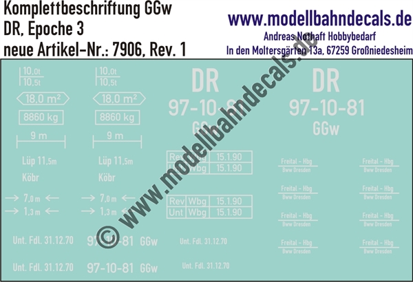 "Nass-Schiebebilder: Güterwagen-Komplettbeschriftung GGw, DR, Epoche 3. Artikel-Nummer: 7906"