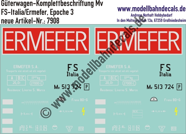 "Nass-Schiebebilder: Güterwagen-Komplettbeschriftung Mv (Kesselwagen), FS-Italia/Ermefer, Epoche 3. Artikel-Nummer: 7908"
