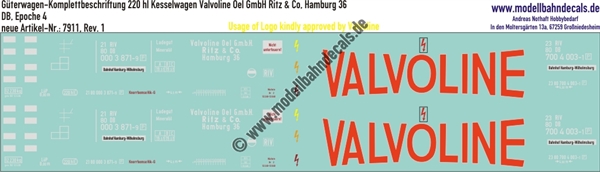 "Nass-Schiebebilder: Güterwagen-Komplettbeschriftung 220 hl Kesselwagen Valvoline Oel GmbH Ritz & Co, Hamburg 36, DB, Epoche 4. Artikel-Nummer: 7911"