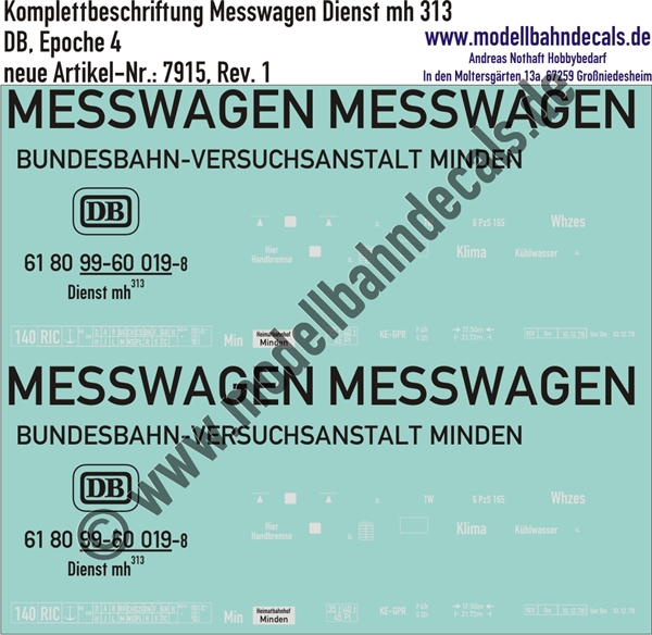 "Nass-Schiebebilder: Messwagen Bundesbahn-Versuchsanstalt Minden Komplettbeschriftung Dienst mh 313, DB, Epoche 4. Artikel-Nummer: 7915"
