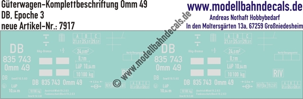 "Nass-Schiebebilder: Güterwagen-Komplettbeschriftung Omm 49, DB, Epoche 3. Artikel-Nummer: 7917"