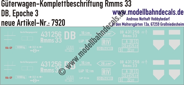 "Nass-Schiebebilder: Güterwagen-Komplettbeschriftung Rmms 33, DB, Epoche 3. Artikel-Nummer: 7920"