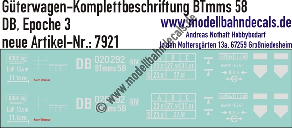 "Nass-Schiebebilder: Güterwagen-Komplettbeschriftung BTmms 58, DB, Epoche 3. Artikel-Nummer: 7921"