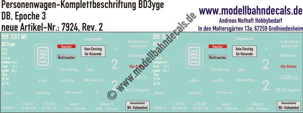 "Nass-Schiebebilder: Personenwagen-Komplettbeschriftung BD3yge, DB, Epoche 3. Artikel-Nummer: 7924"