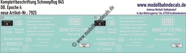 "Nass-Schiebebilder: Komplettbeschriftung Schneepflug 845 (Heimat-Bw Ulm), DB, Epoche 4. Artikel-Nummer: 7925"