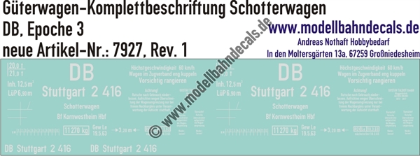 "Nass-Schiebebilder: Güterwagen-Komplettbeschriftung Schotterwagen Stuttgart, DB, Epoche 3. Artikel-Nummer: 7927"