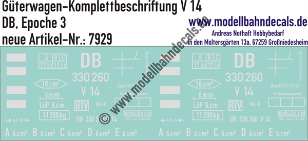 "Nass-Schiebebilder: Güterwagen-Komplettbeschriftung V 14, DB, Epoche 3. Artikel-Nummer: 7929"